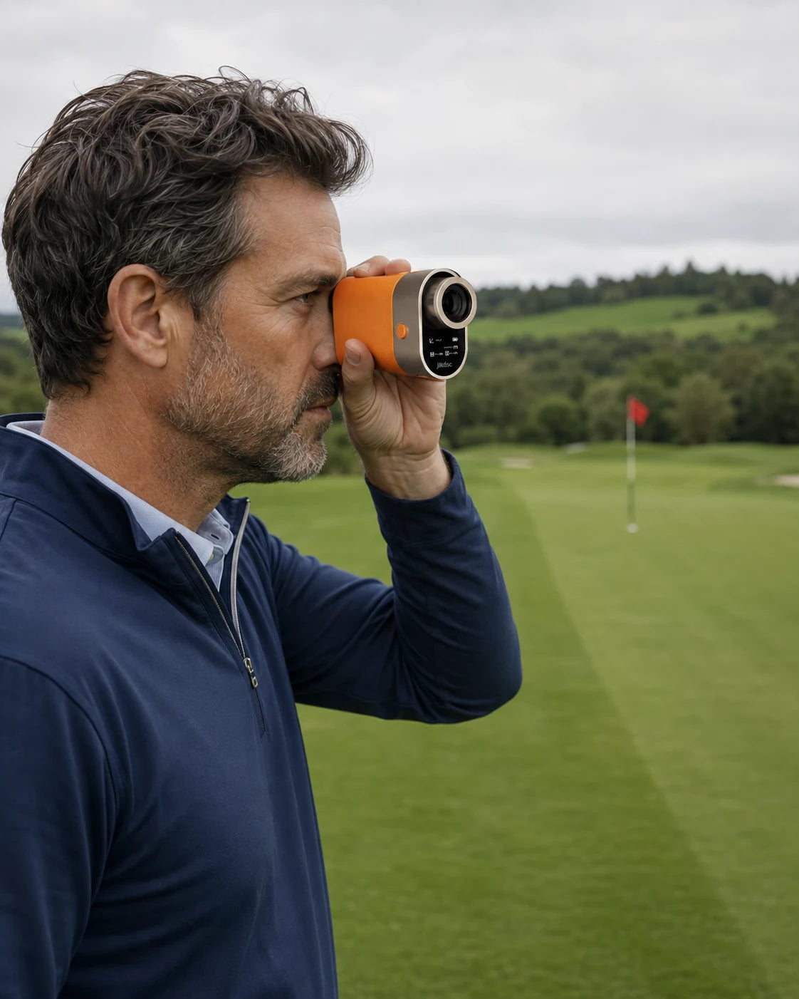 Golfer zielt ruhig mit dem jlkdsc Laser-Entfernungsmesser auf die Fahne